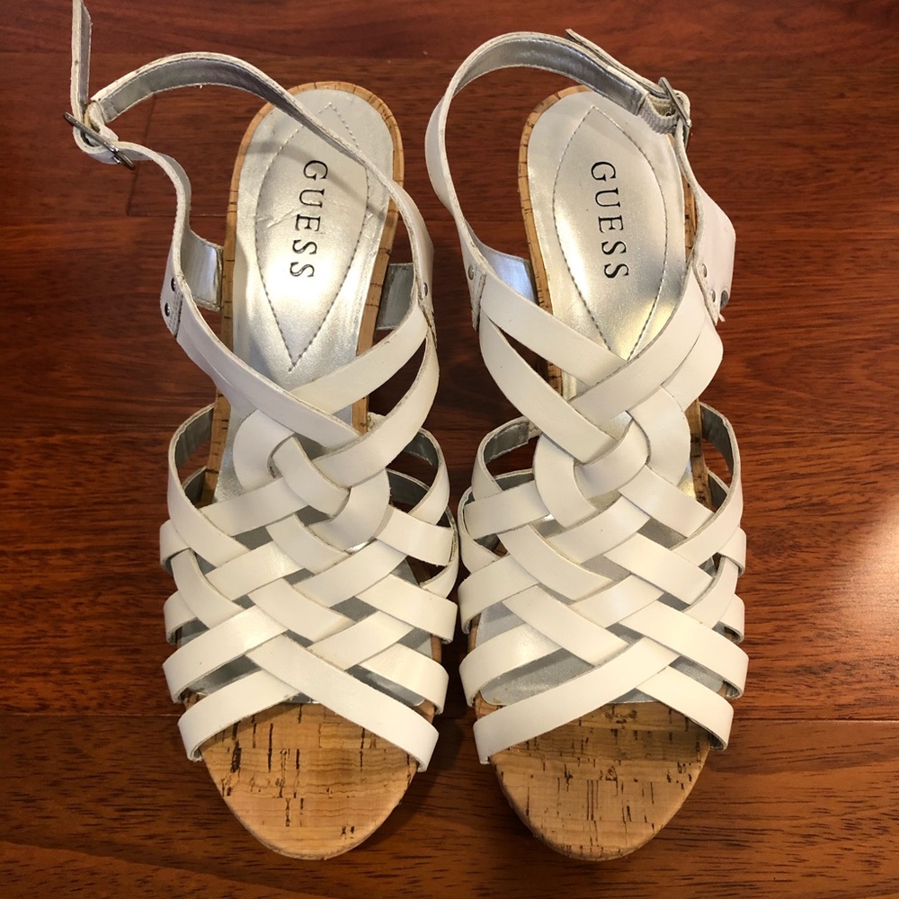 GUESS white strappy leather wedge sandals
